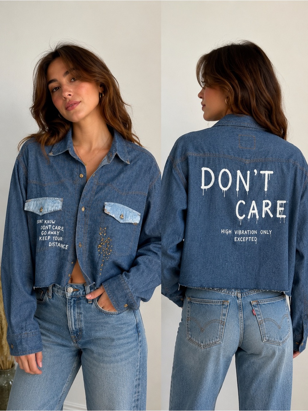 Hand Painted Denim Shirt Jacket L One of a Kind Wearable Art 100% Cotton
